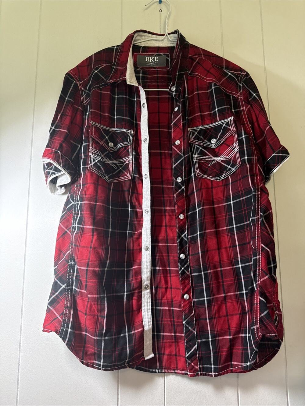 BKE Buckle Shirt Mens M Athletic Fit Sort Sleeve Western RED plaid ZZ